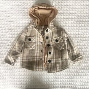 Babysprouts Plaid Hooded Shacket in Beige and Cream 6-12M